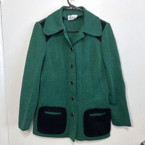 1970s Dalton Blazer Jacket Womens 16 Green Vintage Knit Suede Trim Colorblock‎